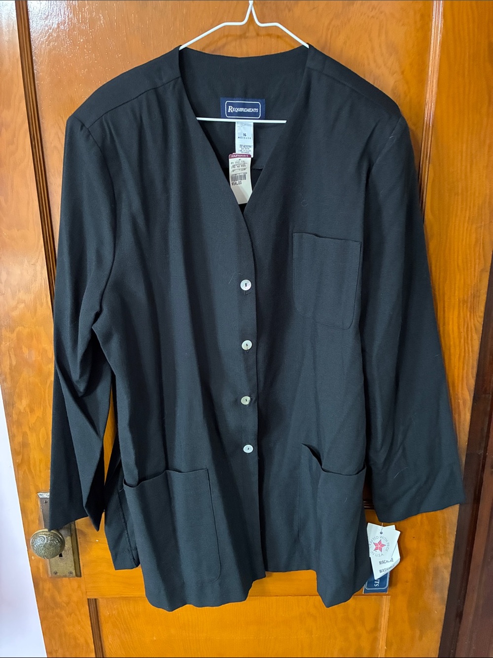 NWT Requirements Brand Black Button-Front Collarless Jacket